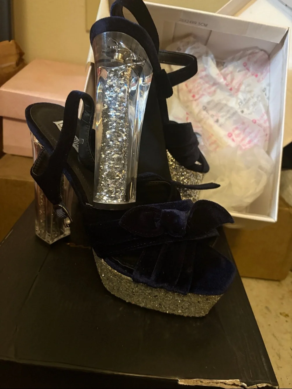 Cape Robbin Navy Velvet Platform Sandals with Silver Glitter Heel - Picture 3 of 4